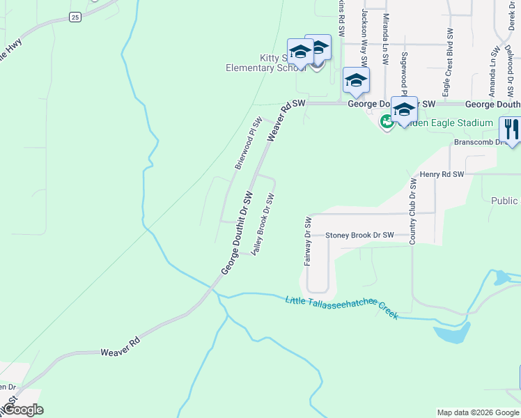 map of restaurants, bars, coffee shops, grocery stores, and more near 1507 Valley Brook Drive Southwest in Jacksonville
