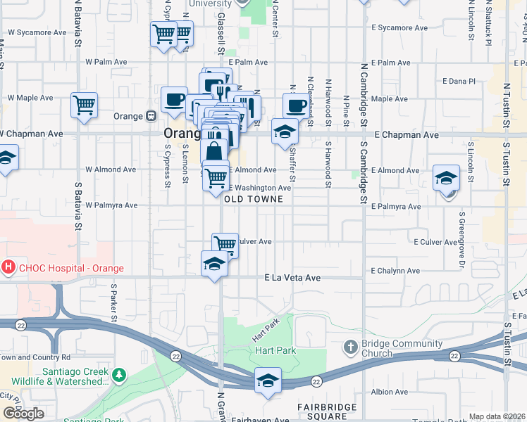 map of restaurants, bars, coffee shops, grocery stores, and more near 316 East Palmyra Avenue in Orange