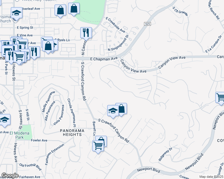 map of restaurants, bars, coffee shops, grocery stores, and more near 5701 East Rocking Horse Way in Orange