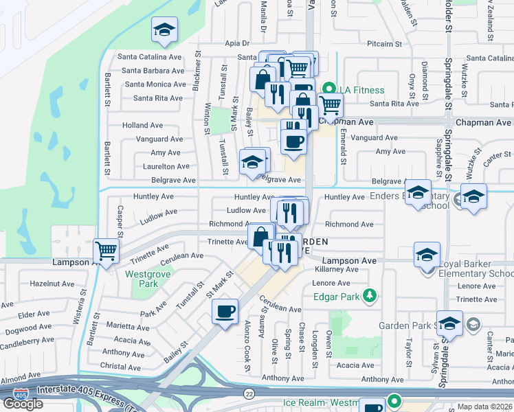 map of restaurants, bars, coffee shops, grocery stores, and more near 5791 Huntley Avenue in Garden Grove