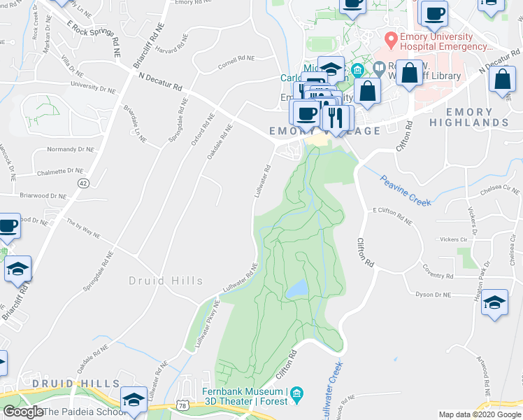 map of restaurants, bars, coffee shops, grocery stores, and more near 1075 Lullwater Road Northeast in Atlanta