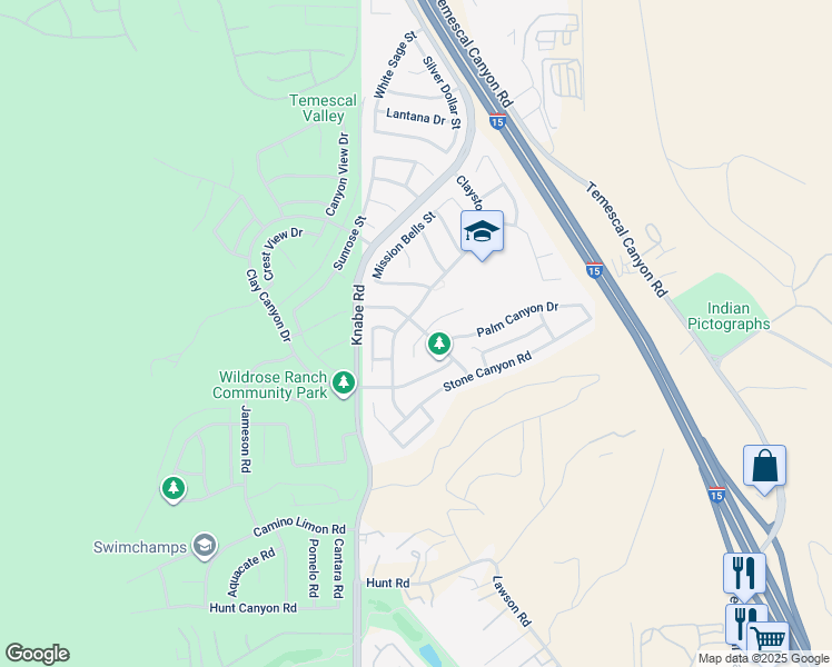map of restaurants, bars, coffee shops, grocery stores, and more near 23215 Canyon Pines Place in Corona