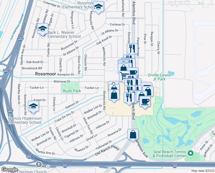 map of restaurants, bars, coffee shops, grocery stores, and more near 12300 Montecito Road in Seal Beach