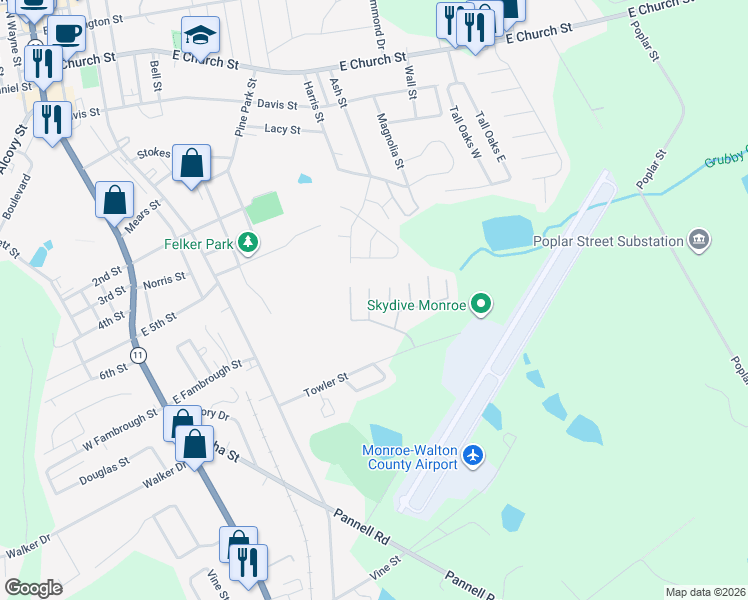 map of restaurants, bars, coffee shops, grocery stores, and more near 642 Mill Stone Bluff in Monroe