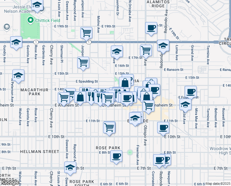 map of restaurants, bars, coffee shops, grocery stores, and more near 1362 Temple Avenue in Long Beach