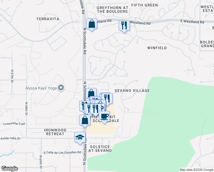 map of restaurants, bars, coffee shops, grocery stores, and more near 7363 East Quien Sabe Way in Scottsdale