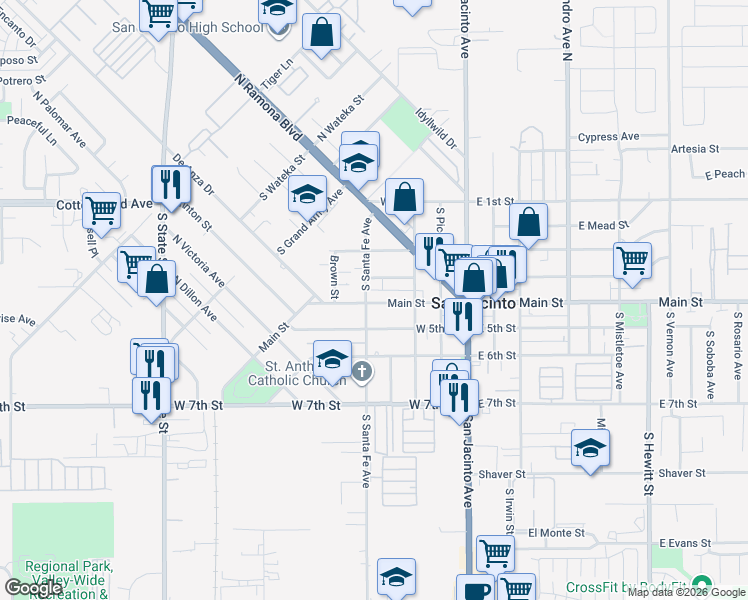 map of restaurants, bars, coffee shops, grocery stores, and more near 364 West 3rd Street in San Jacinto