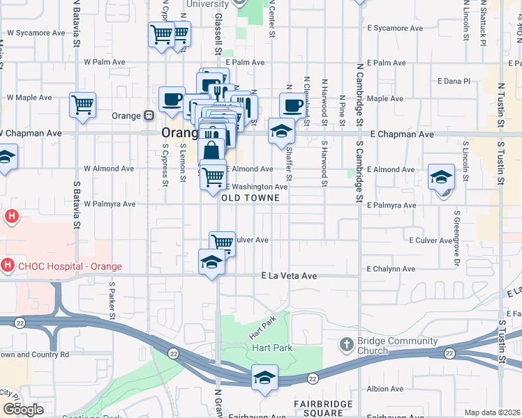 map of restaurants, bars, coffee shops, grocery stores, and more near in Orange