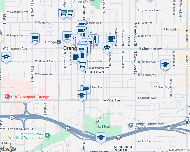 map of restaurants, bars, coffee shops, grocery stores, and more near 205 East Palmyra Avenue in Orange