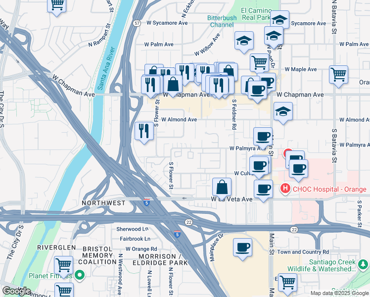 map of restaurants, bars, coffee shops, grocery stores, and more near 1545 West Palmyra Avenue in Orange