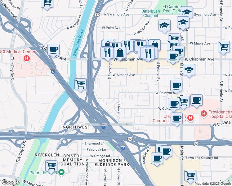map of restaurants, bars, coffee shops, grocery stores, and more near 2138 West Larkspur Drive in Orange