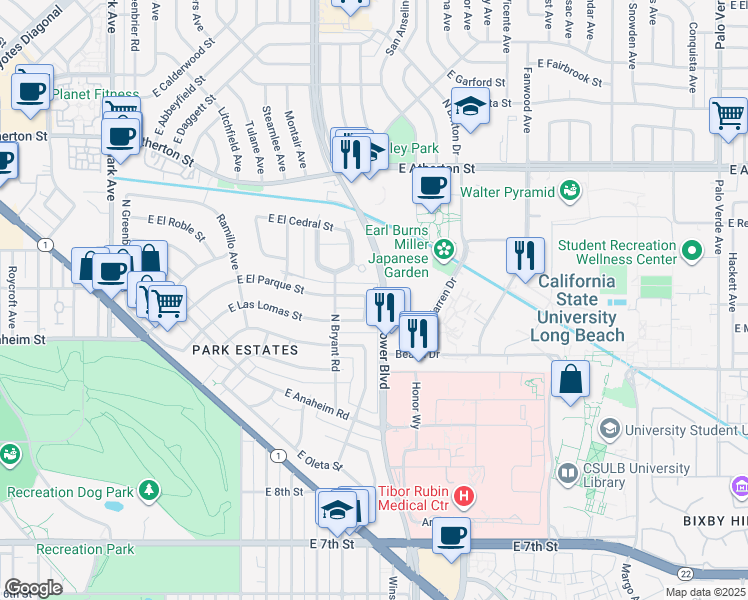 map of restaurants, bars, coffee shops, grocery stores, and more near 5621 East El Parque Street in Long Beach