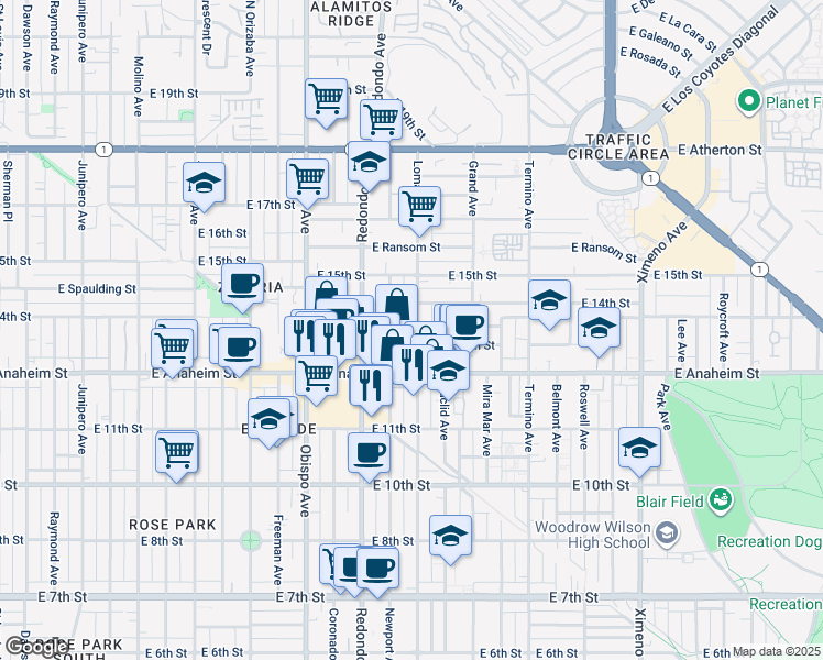 map of restaurants, bars, coffee shops, grocery stores, and more near 1375 Loma Avenue in Long Beach