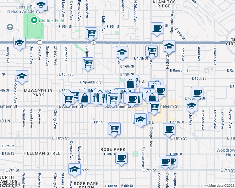 map of restaurants, bars, coffee shops, grocery stores, and more near 2743 East 14th Street in Long Beach