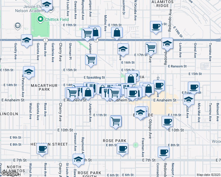 map of restaurants, bars, coffee shops, grocery stores, and more near 2605 East 14th Street in Long Beach