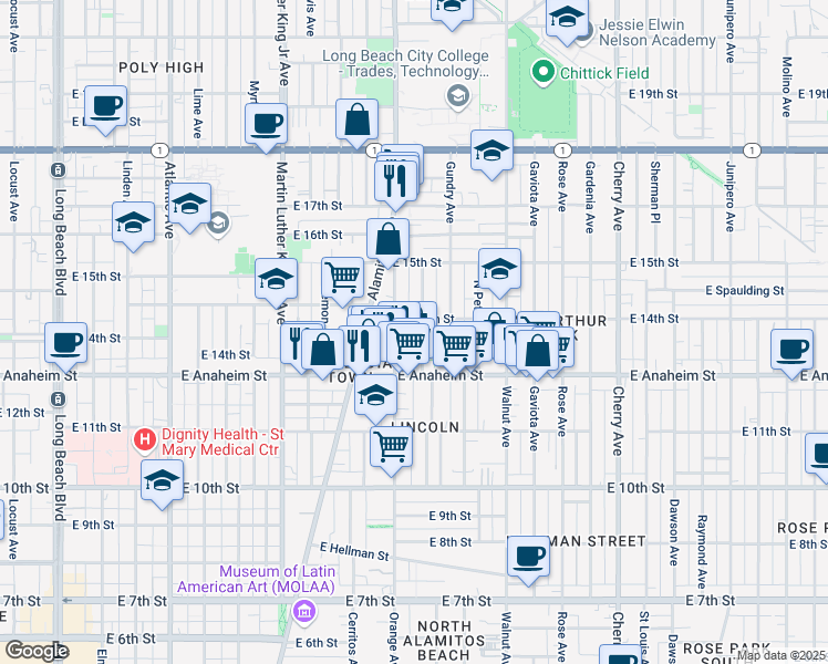map of restaurants, bars, coffee shops, grocery stores, and more near 1400 Orange Avenue in Long Beach