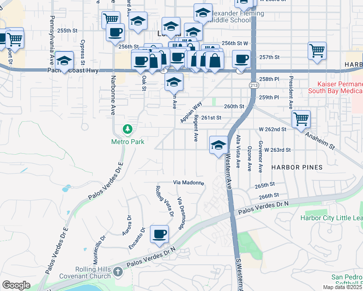 map of restaurants, bars, coffee shops, grocery stores, and more near 26221 Monte Vista Avenue in Lomita