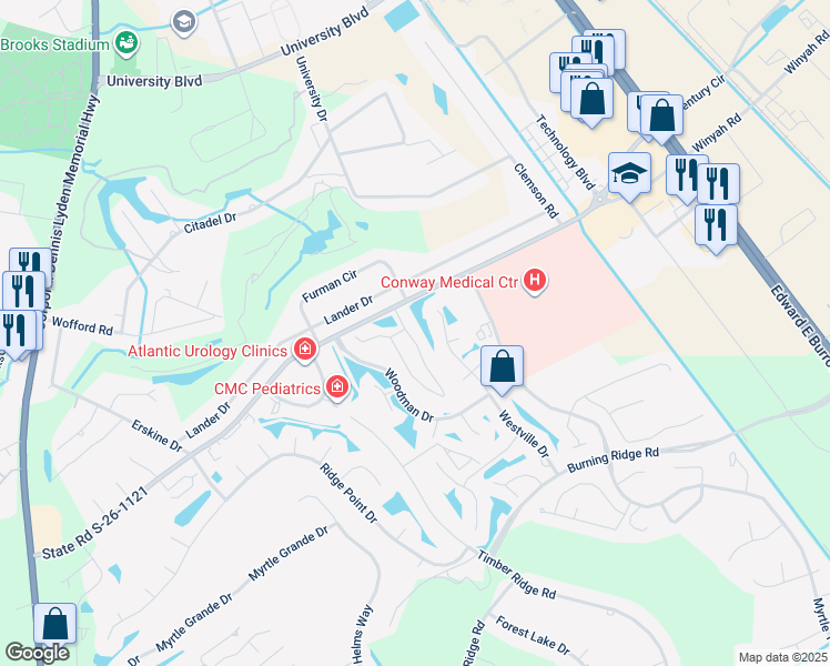 map of restaurants, bars, coffee shops, grocery stores, and more near 100 Myrtle Greens Drive in Conway