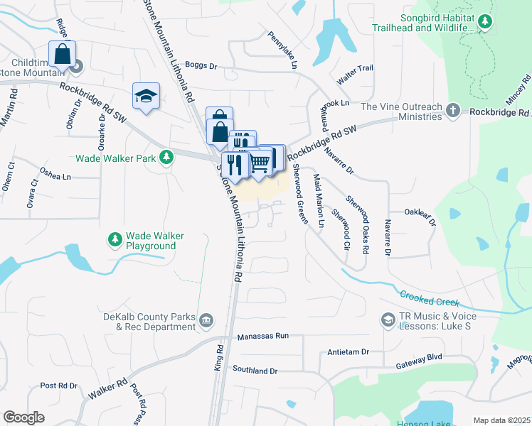 map of restaurants, bars, coffee shops, grocery stores, and more near 5727 Rockbridge Road Southwest in Stone Mountain