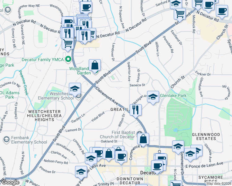 map of restaurants, bars, coffee shops, grocery stores, and more near 655 Clairemont Avenue in Decatur