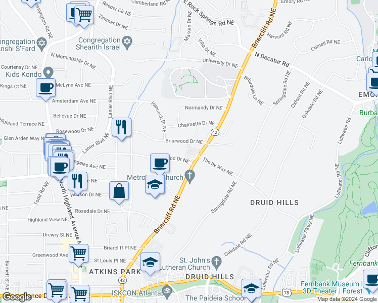 map of restaurants, bars, coffee shops, grocery stores, and more near 1335 Briarwood Drive Northeast in Atlanta