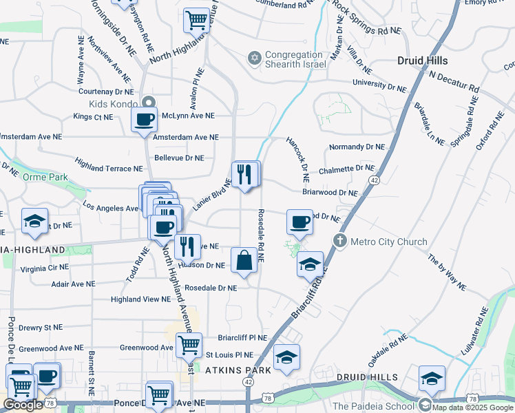 map of restaurants, bars, coffee shops, grocery stores, and more near 1095 Rosedale Road Northeast in Atlanta