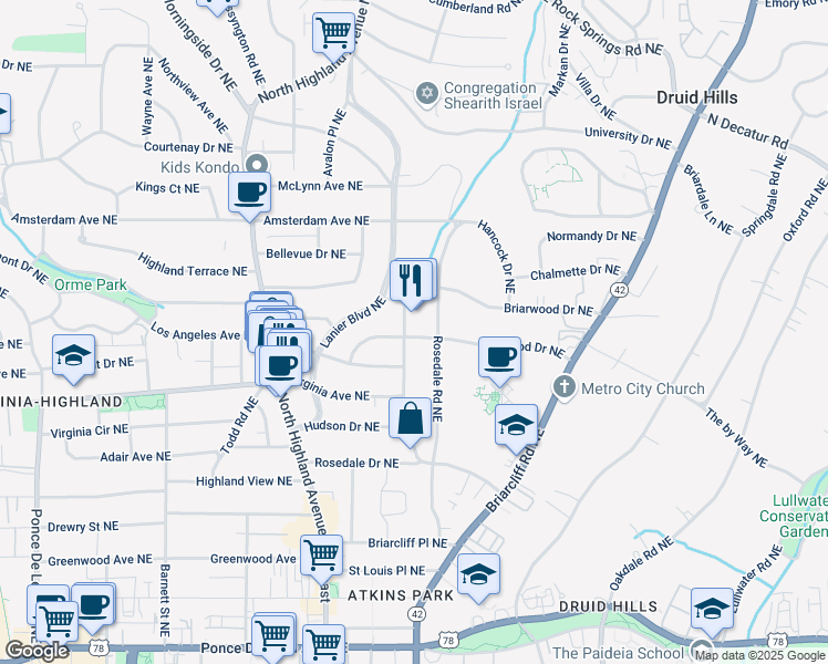 map of restaurants, bars, coffee shops, grocery stores, and more near in Atlanta