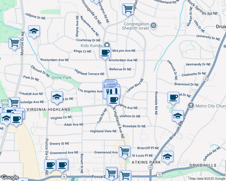map of restaurants, bars, coffee shops, grocery stores, and more near 1016 Kentucky Avenue Northeast in Atlanta