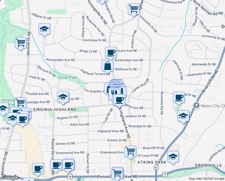 map of restaurants, bars, coffee shops, grocery stores, and more near 969 Glen Arden Way Northeast in Atlanta