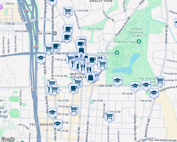map of restaurants, bars, coffee shops, grocery stores, and more near 1101 Juniper Street Northeast in Atlanta