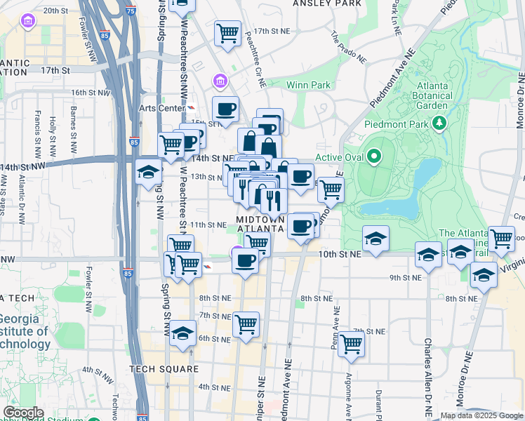 map of restaurants, bars, coffee shops, grocery stores, and more near 1075 Peachtree Street Northeast in Atlanta
