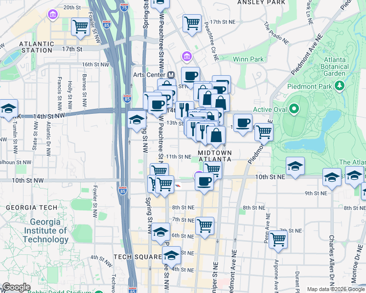map of restaurants, bars, coffee shops, grocery stores, and more near 1075 Peachtree Walk Northeast in Atlanta