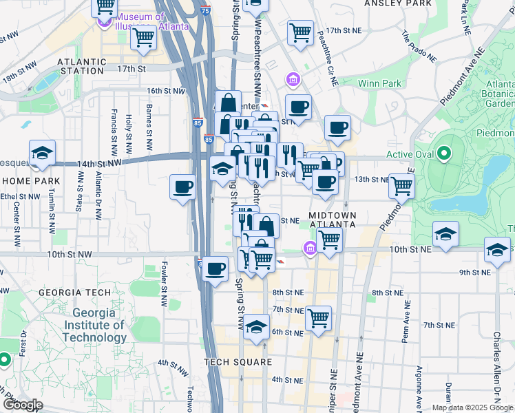 map of restaurants, bars, coffee shops, grocery stores, and more near 1080 West Peachtree Street Northwest in Atlanta