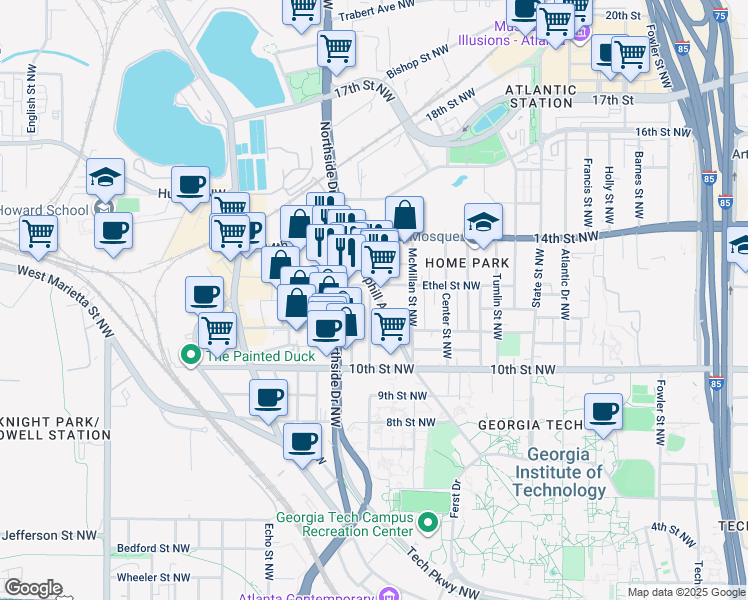 map of restaurants, bars, coffee shops, grocery stores, and more near 570 Ethel Street Northwest in Atlanta