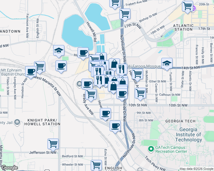 map of restaurants, bars, coffee shops, grocery stores, and more near 663 Ethel Street Northwest in Atlanta