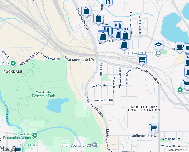 map of restaurants, bars, coffee shops, grocery stores, and more near 1270 West Marietta Street Northwest in Atlanta