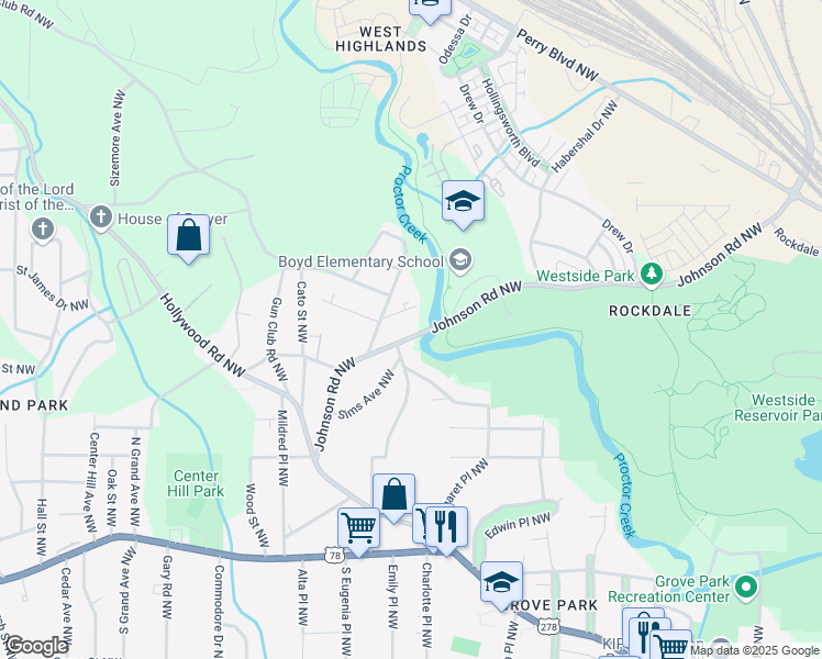 map of restaurants, bars, coffee shops, grocery stores, and more near 1950 Lois Place Northwest in Atlanta