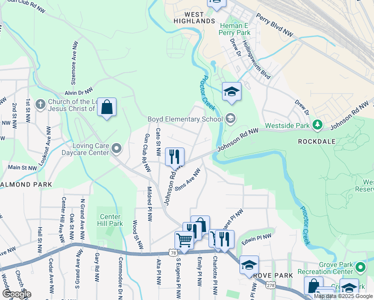 map of restaurants, bars, coffee shops, grocery stores, and more near 1985 Lois Place Northwest in Atlanta