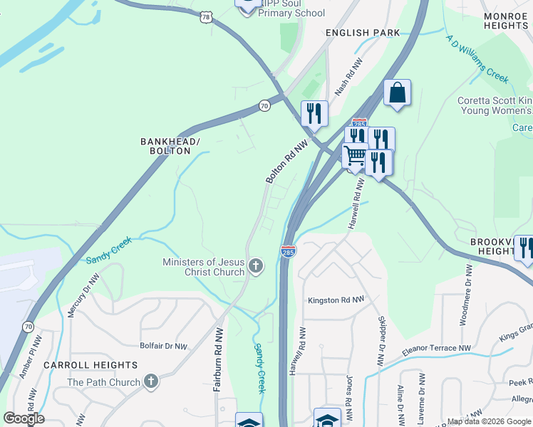 map of restaurants, bars, coffee shops, grocery stores, and more near 1051 Bolton Road Northwest in Atlanta