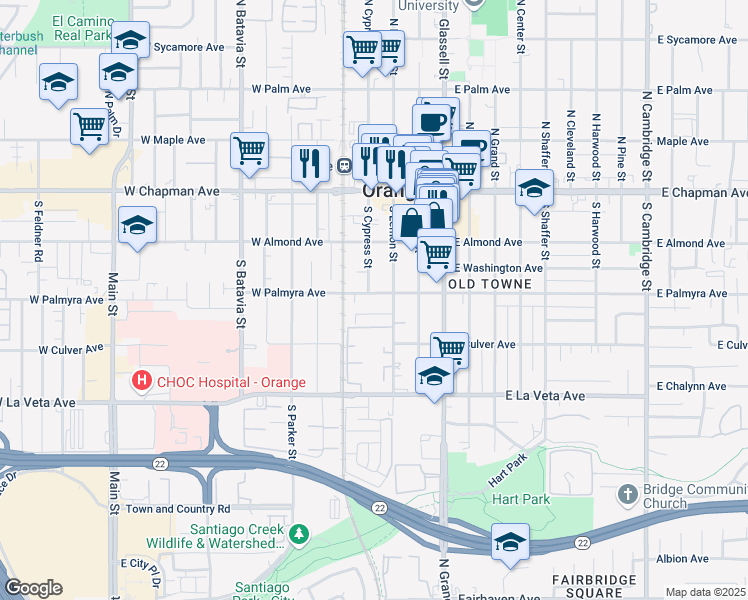 map of restaurants, bars, coffee shops, grocery stores, and more near 282 South Cypress Street in Orange