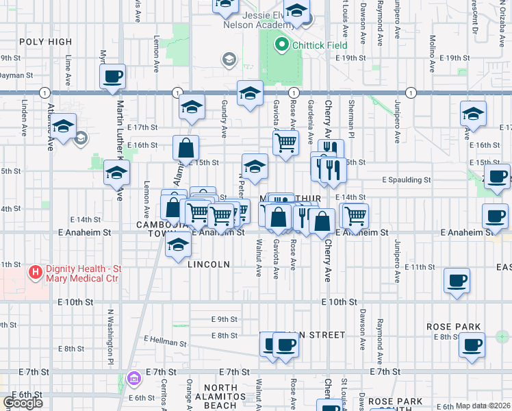 map of restaurants, bars, coffee shops, grocery stores, and more near 1343 Walnut Avenue in Long Beach