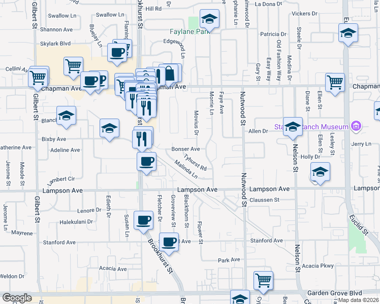 map of restaurants, bars, coffee shops, grocery stores, and more near 12261 Movius Drive in Garden Grove