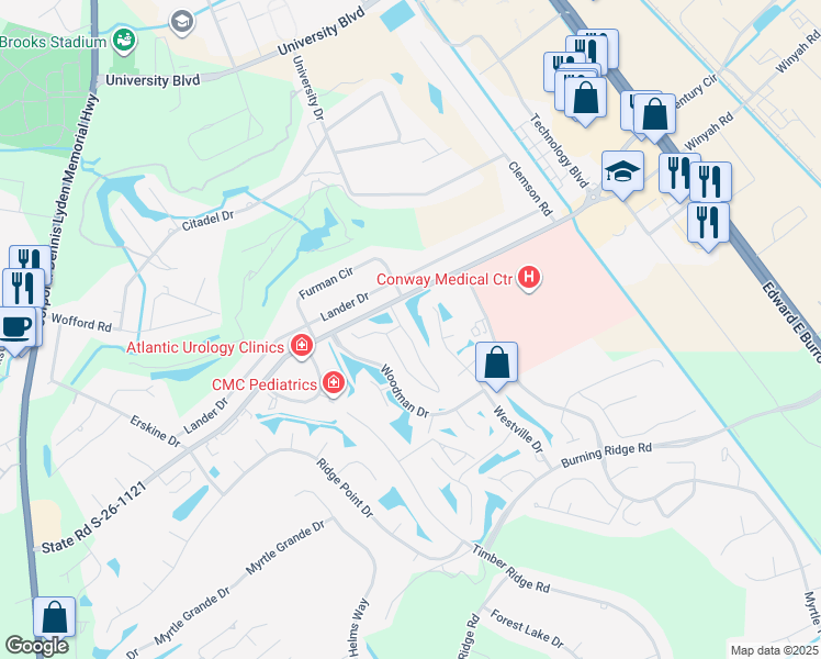 map of restaurants, bars, coffee shops, grocery stores, and more near 200 Myrtle Greens Drive in Conway