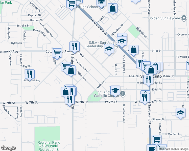 map of restaurants, bars, coffee shops, grocery stores, and more near 183 North Victoria Avenue in San Jacinto