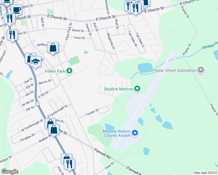 map of restaurants, bars, coffee shops, grocery stores, and more near 642 Mill Stone Bluff in Monroe