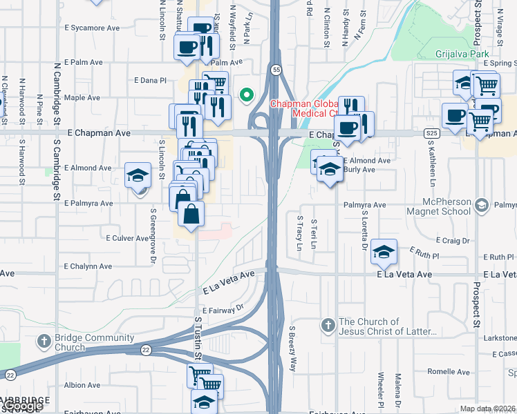 map of restaurants, bars, coffee shops, grocery stores, and more near 2022 East Palmyra Avenue in Orange