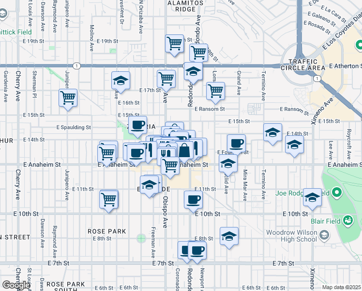 map of restaurants, bars, coffee shops, grocery stores, and more near 1400 Coronado Avenue in Long Beach