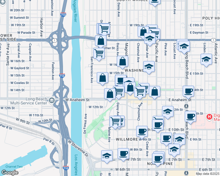 map of restaurants, bars, coffee shops, grocery stores, and more near 655 1/2 West 14th Street in Long Beach