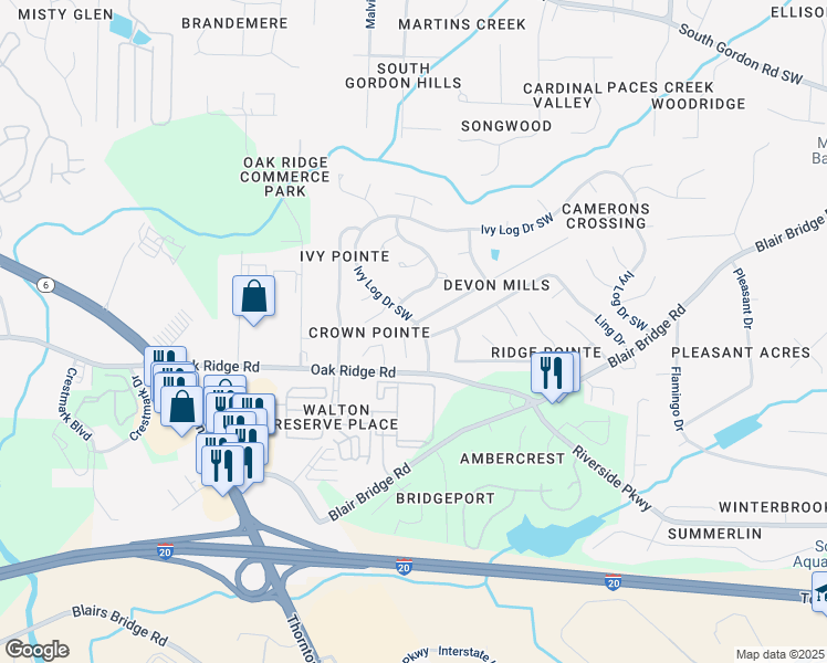 map of restaurants, bars, coffee shops, grocery stores, and more near 7002 Panda Road in Austell