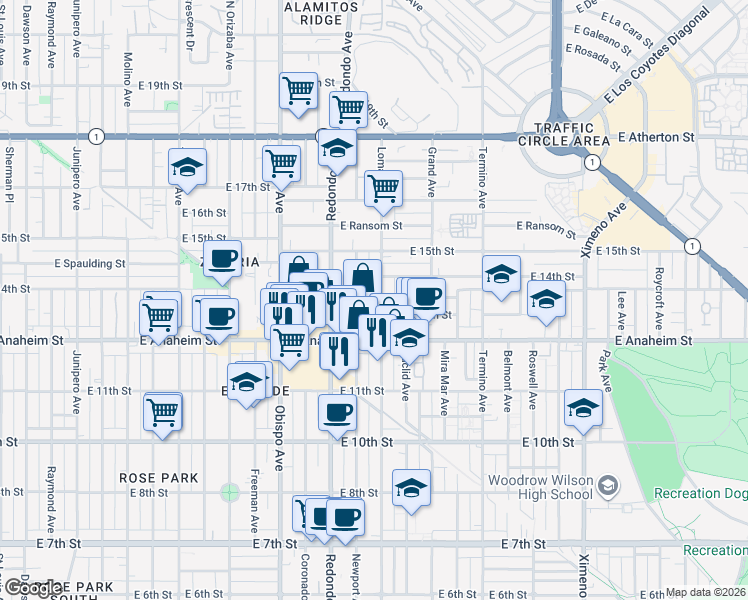 map of restaurants, bars, coffee shops, grocery stores, and more near 1355 Loma Avenue in Long Beach